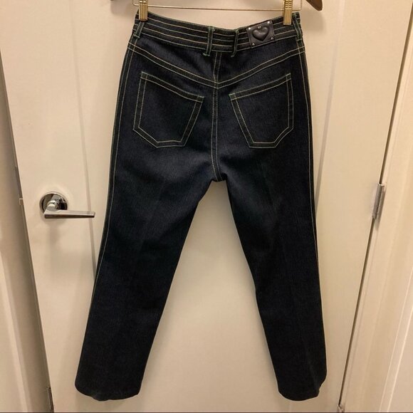 ESCADA Sz 30 Jeans Straight Leg Dark Wash w/ Green Yellow Decorative Stitching - Picture 3 of 10